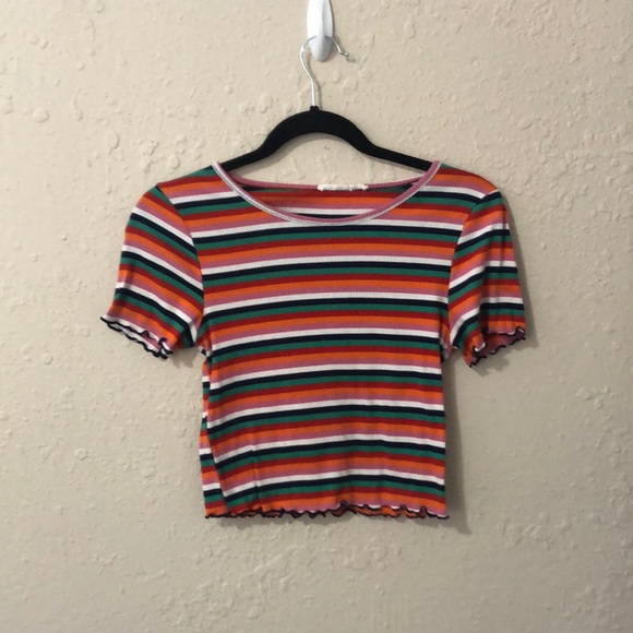 Ribbed Lettuce Edge Striped Crop Top - Picture 1 of 3